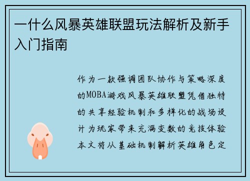 一什么风暴英雄联盟玩法解析及新手入门指南