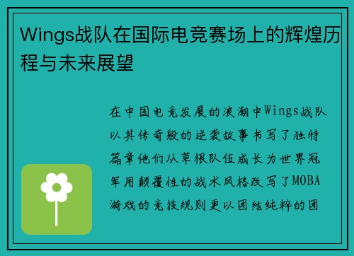 Wings战队在国际电竞赛场上的辉煌历程与未来展望